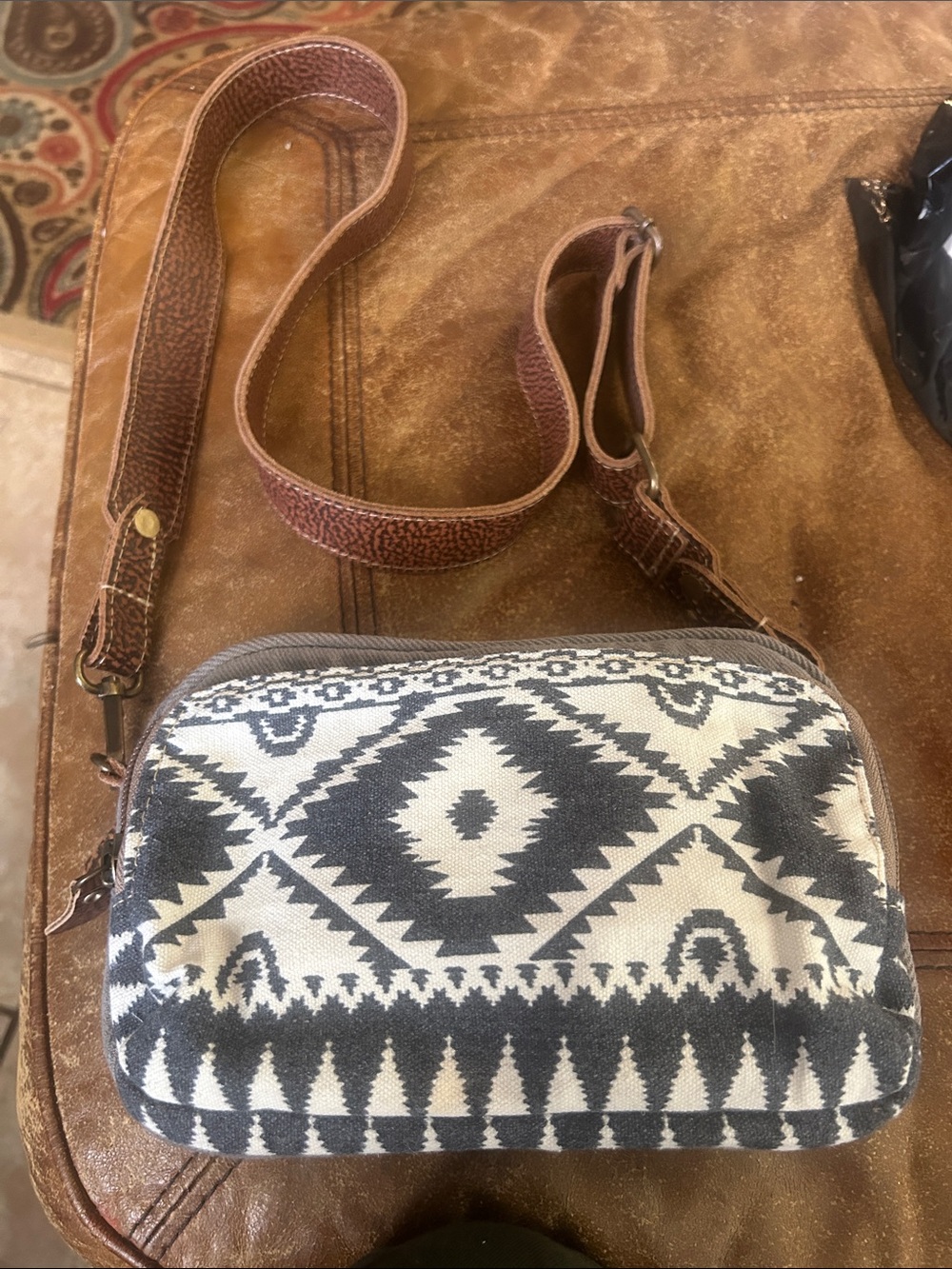 Myra Bag Black & Cream Aztec Crossbody with Brown Strap